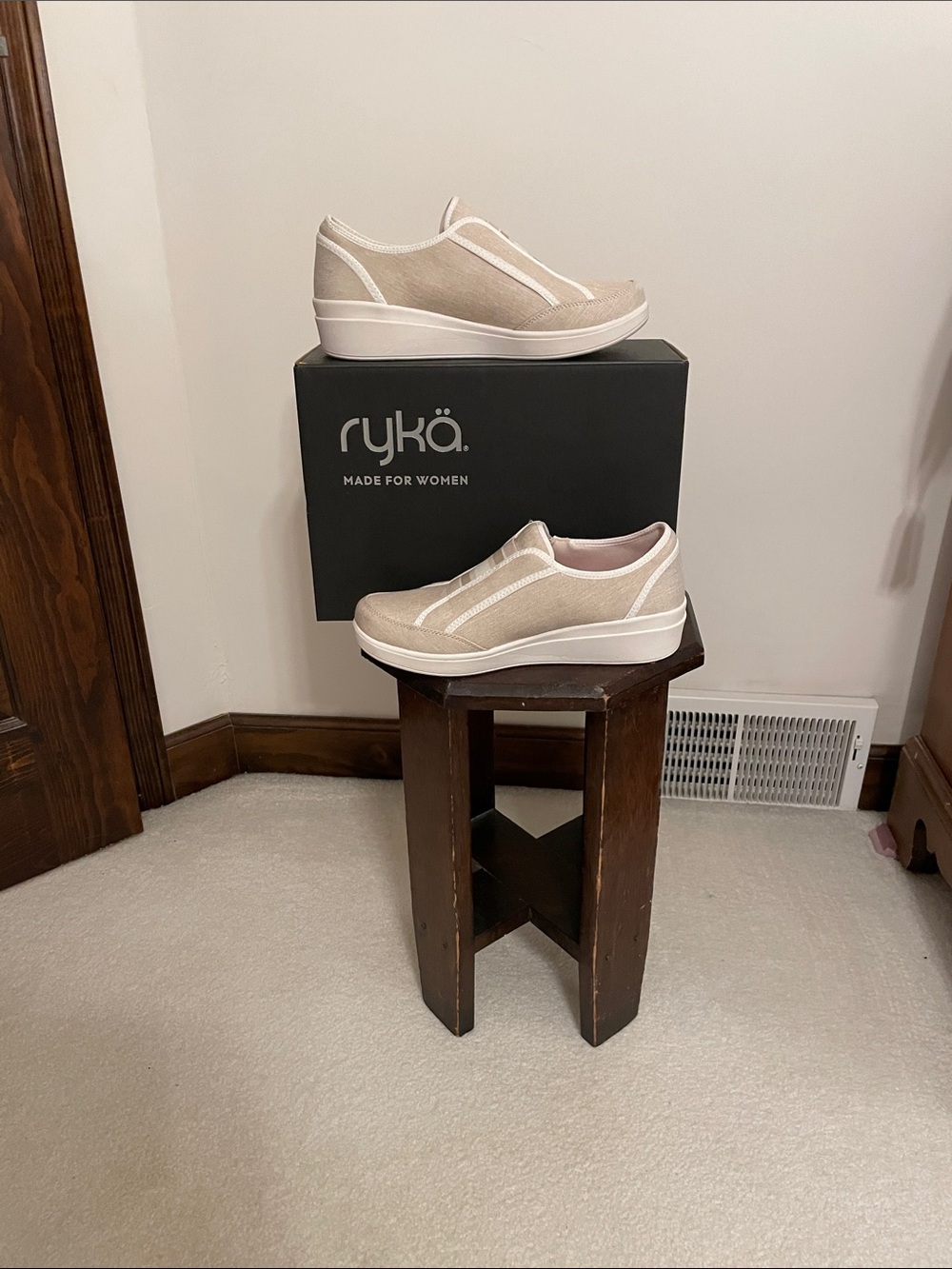 Ryka Women's Slip-On Wedge Sneakers in Beige and White Trim